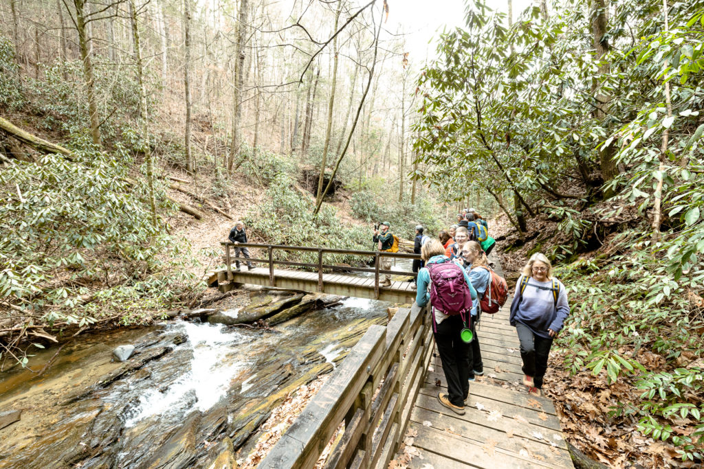 Hikers stopping to take in Martin's Creek Falls on the Bartram Trail between Warwoman Dell and Wilson Gap